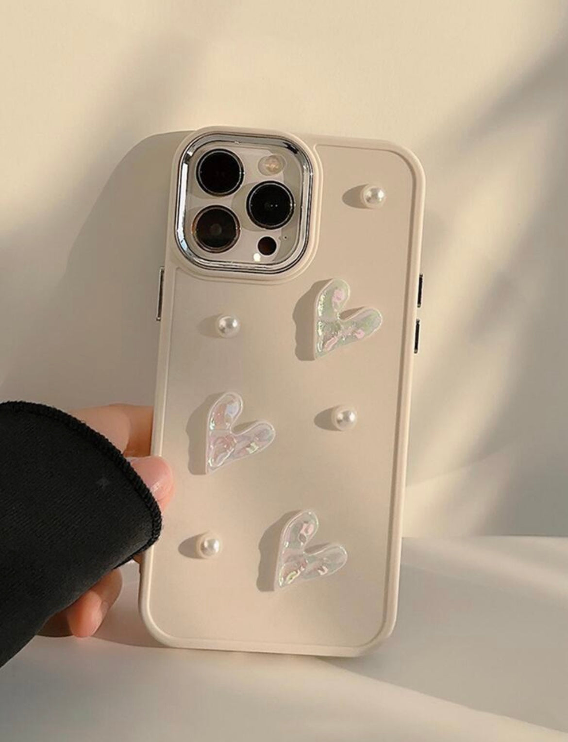 pearly heart decor phone case (white)
