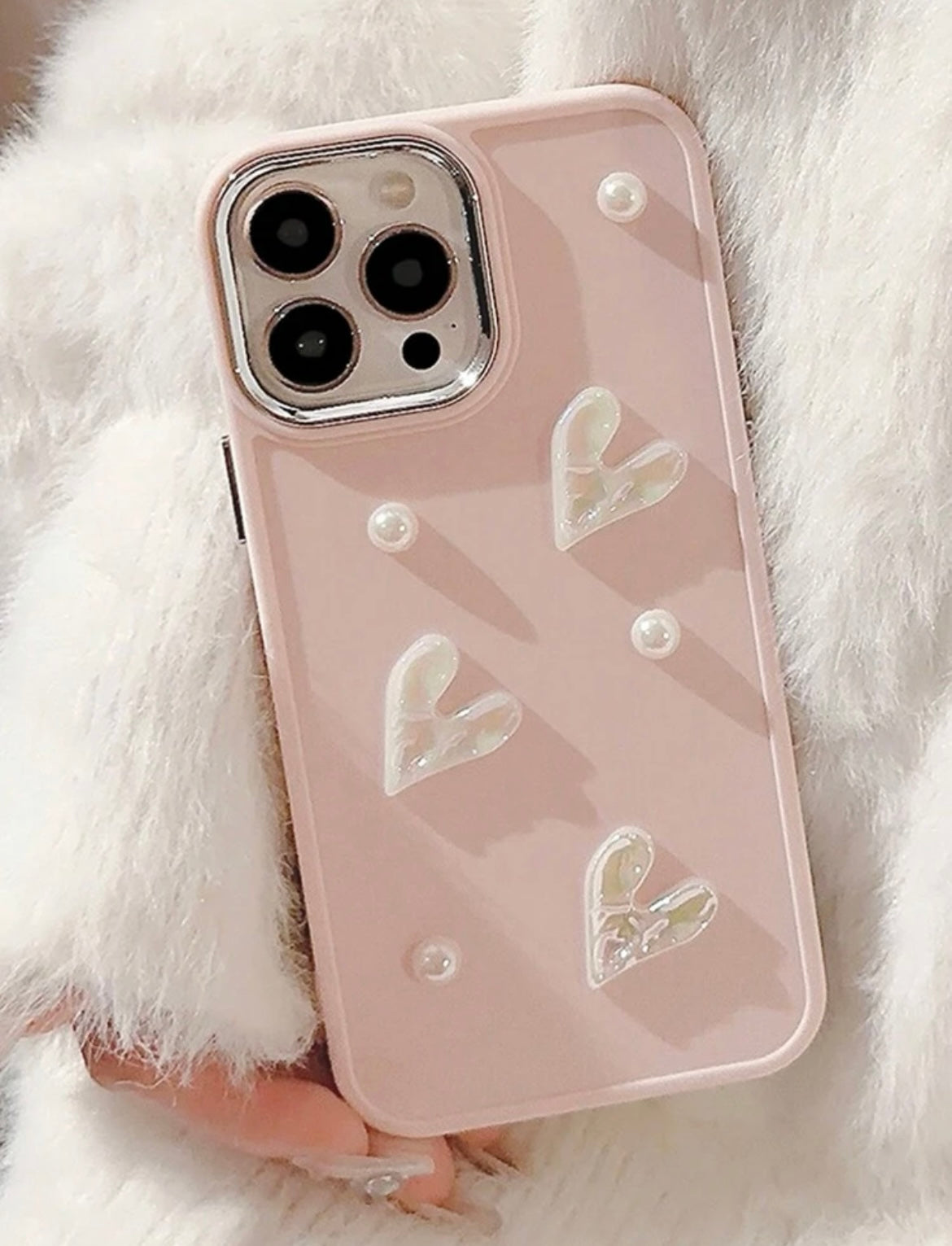 pearly heart decore phone case (pink)