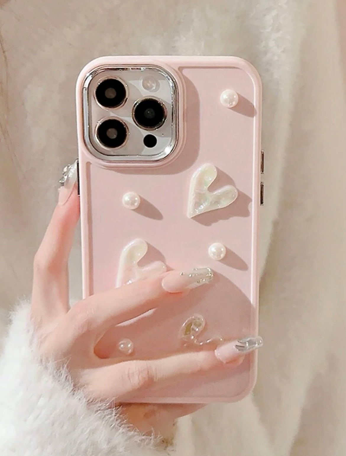 pearly heart decore phone case (pink)