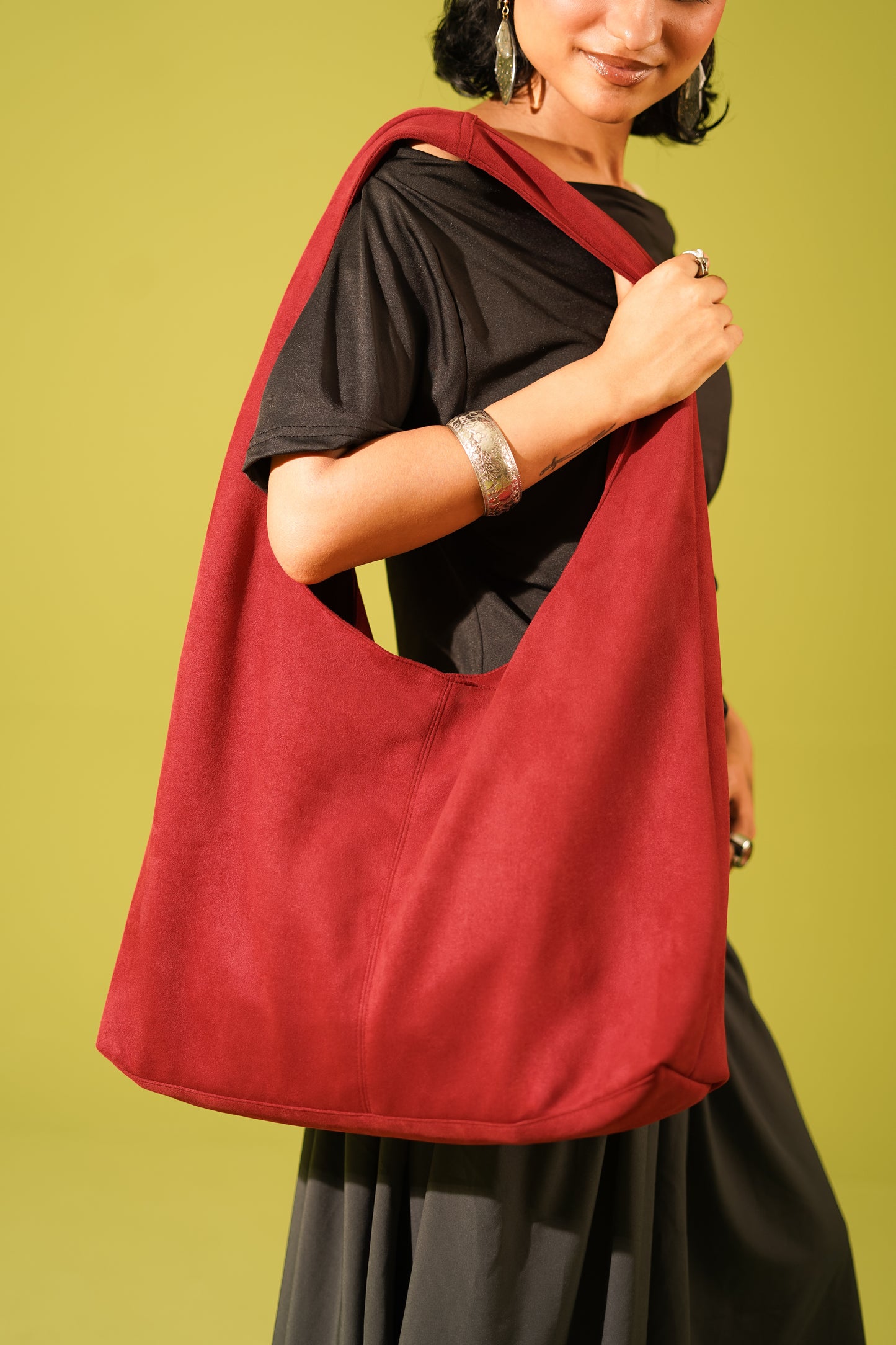 Cherry red suede tote bag