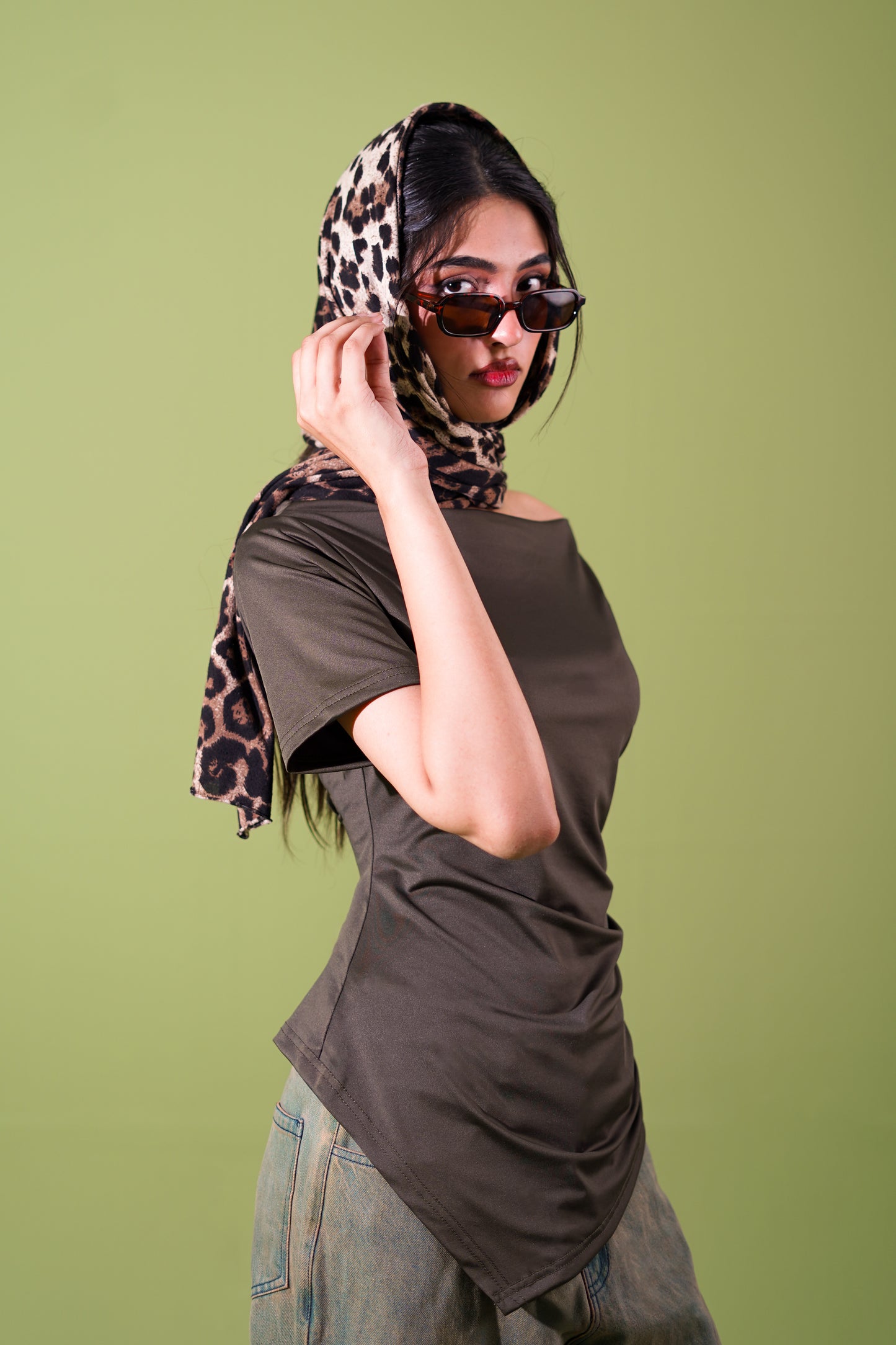 Green off shoulder split top