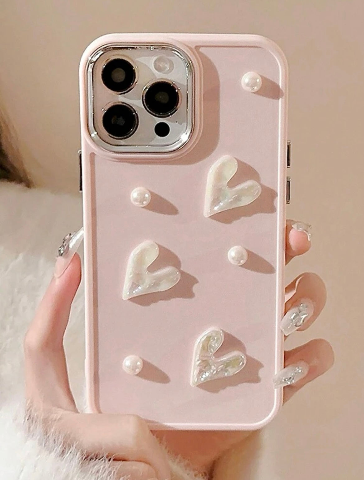 pearly heart decore phone case (pink)