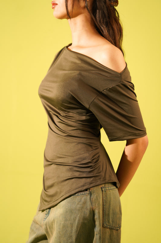 Green off shoulder split top