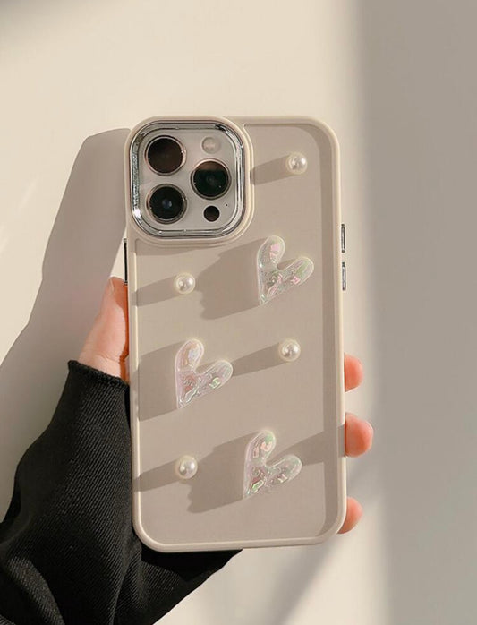 pearly heart decor phone case (white)